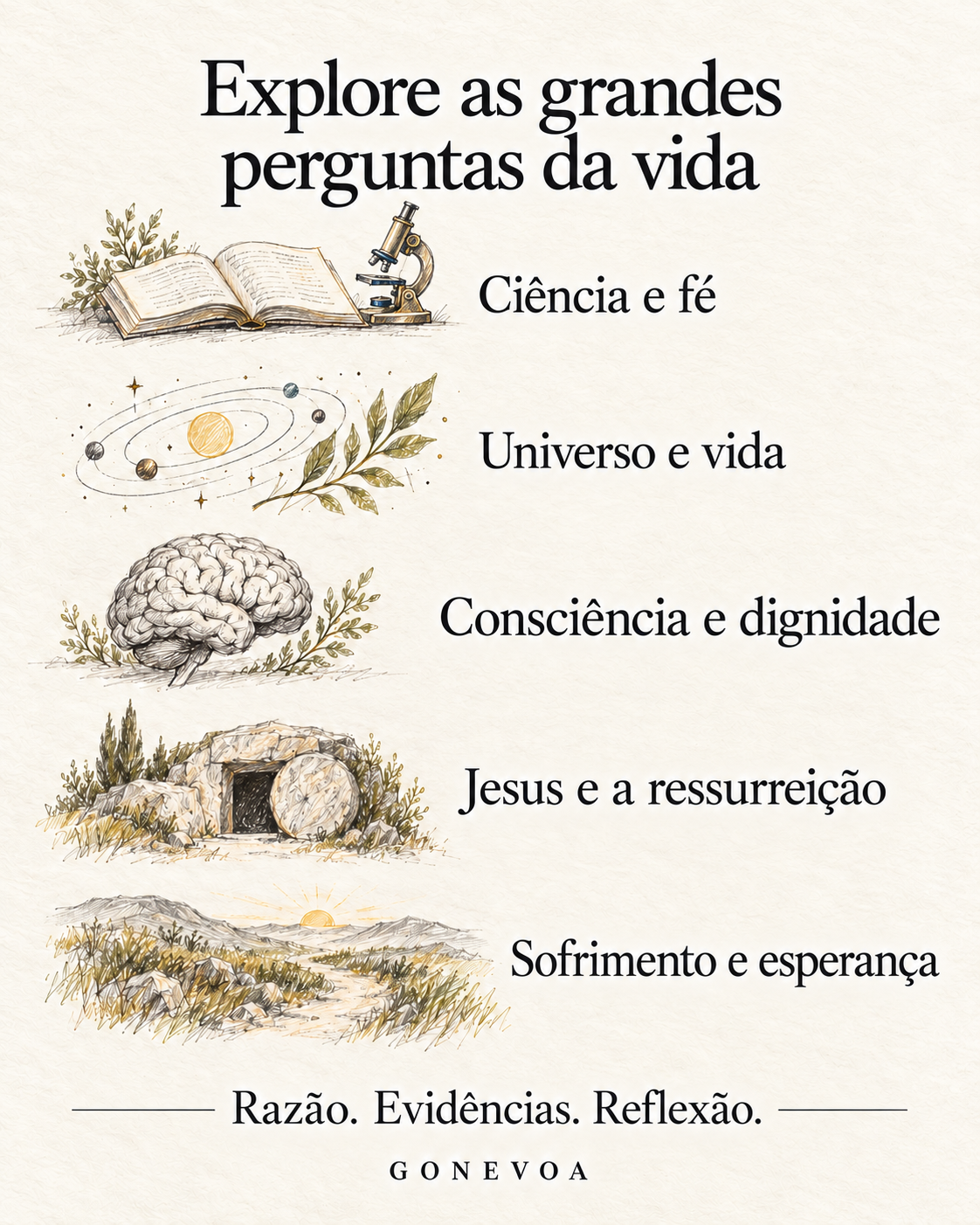 Temas do livro ilustrados a lápis: ciência e fé, universo e vida, consciência e dignidade, Jesus e a ressurreição, sofrimento e esperança.