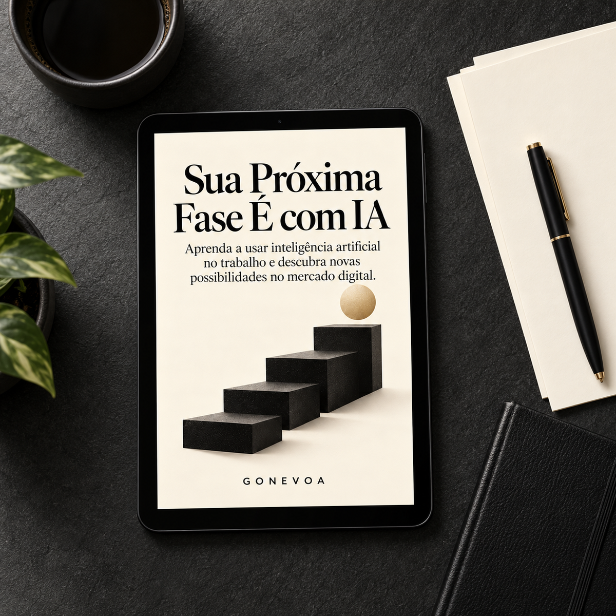 Sua Próxima Fase É com IA — capa creme com escada e esfera dourada