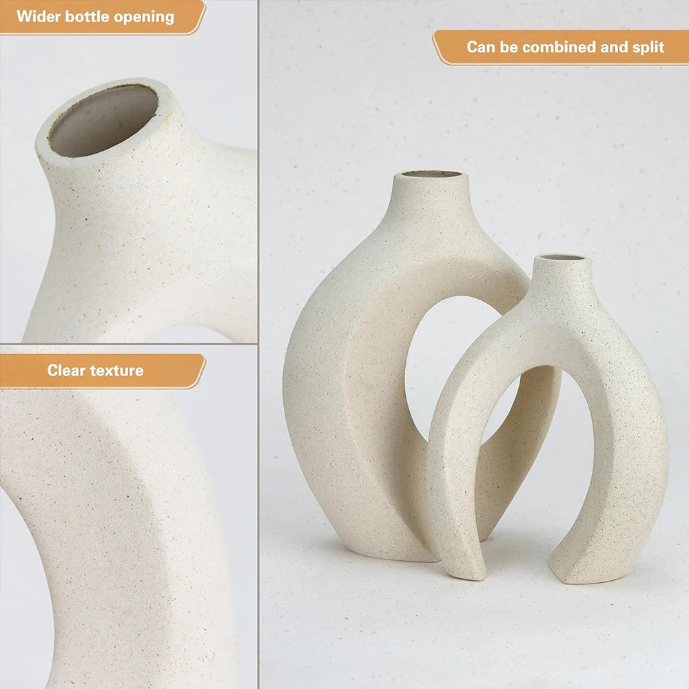 Hollow Ceramic Vase Set of 2, Snuggle Round Boho Donut Modern Nordic Decorative Vase for Trendy Home Table Centerpiece Decor