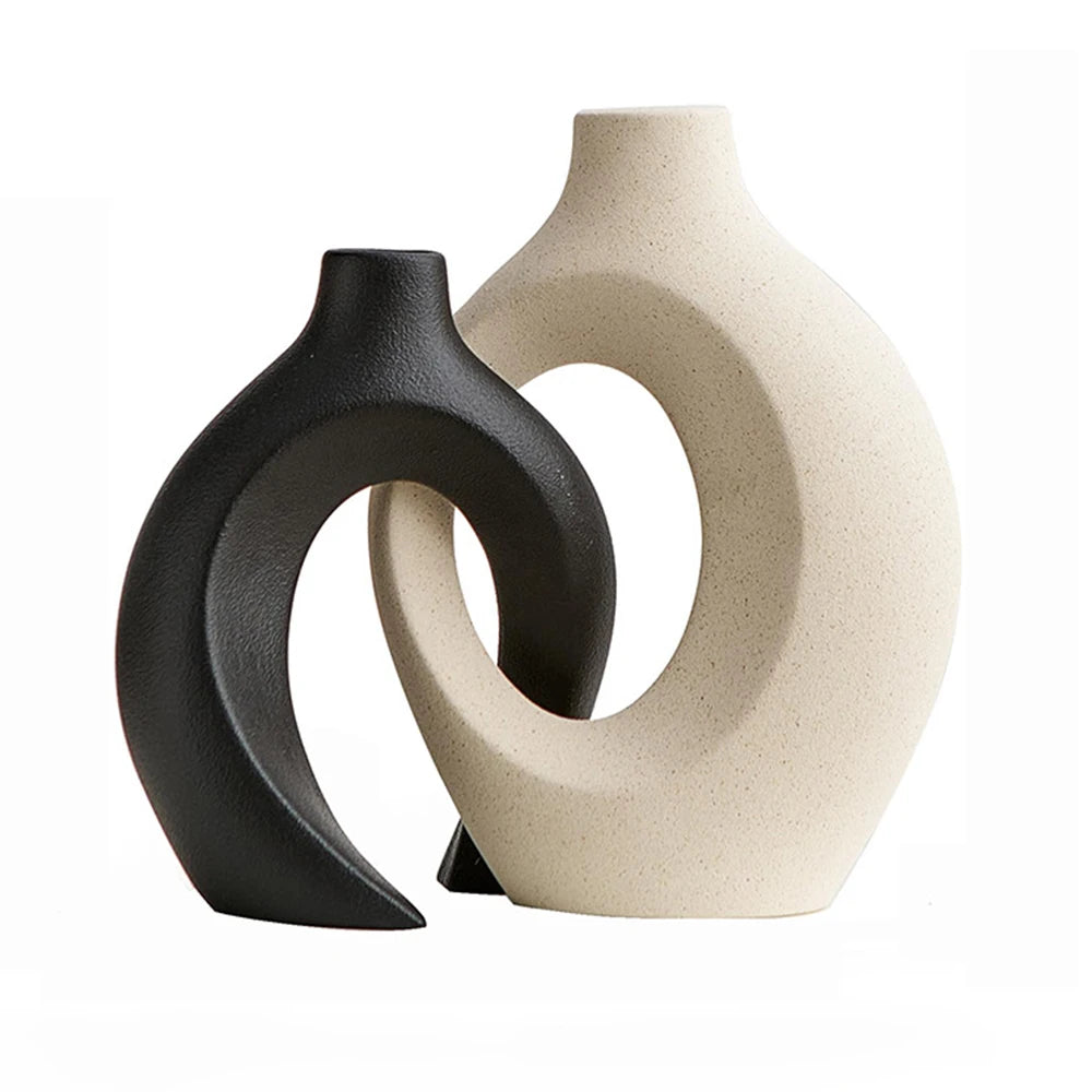 Hollow Ceramic Vase Set of 2, Snuggle Round Boho Donut Modern Nordic Decorative Vase for Trendy Home Table Centerpiece Decor
