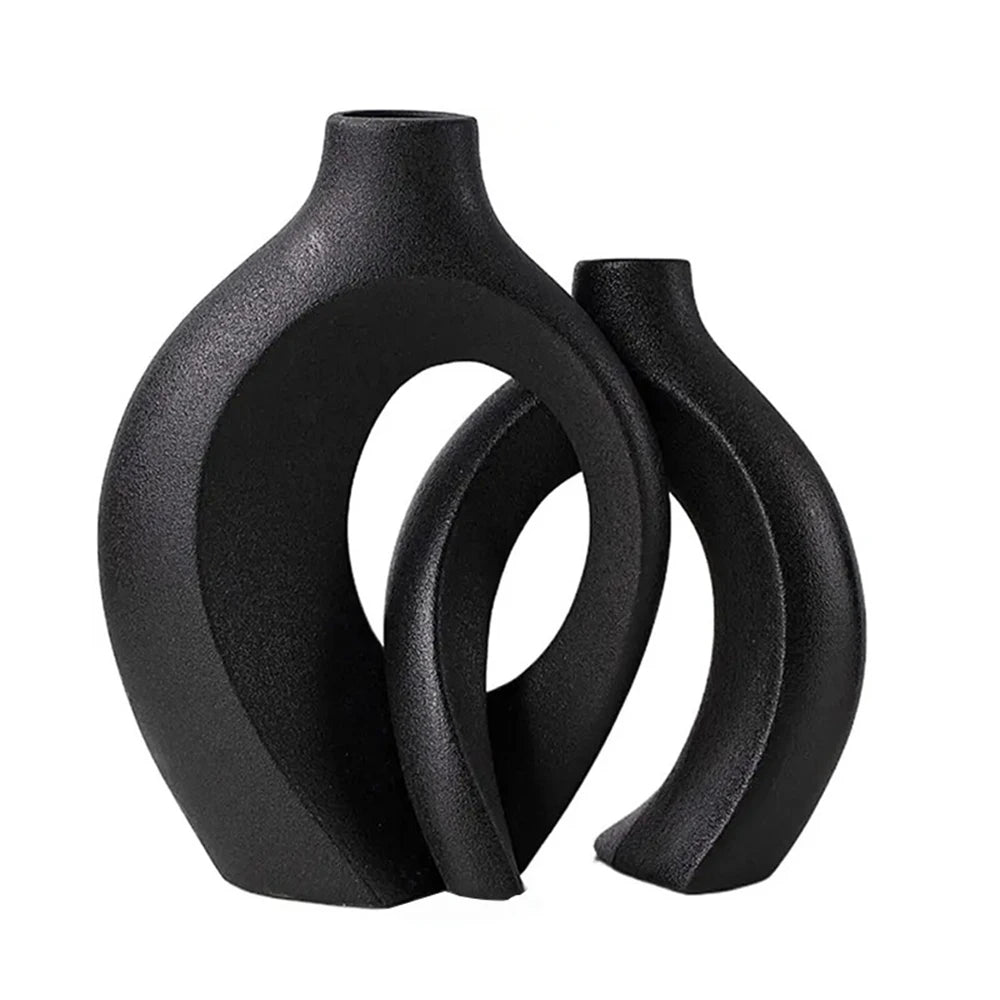 Hollow Ceramic Vase Set of 2, Snuggle Round Boho Donut Modern Nordic Decorative Vase for Trendy Home Table Centerpiece Decor