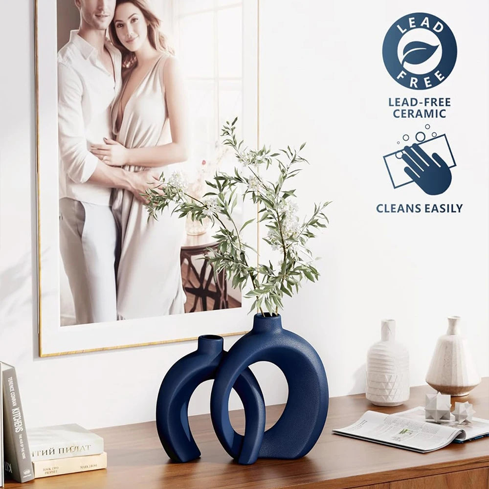 Hollow Ceramic Vase Set of 2, Snuggle Round Boho Donut Modern Nordic Decorative Vase for Trendy Home Table Centerpiece Decor