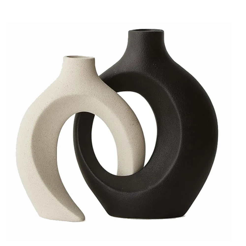 Hollow Ceramic Vase Set of 2, Snuggle Round Boho Donut Modern Nordic Decorative Vase for Trendy Home Table Centerpiece Decor