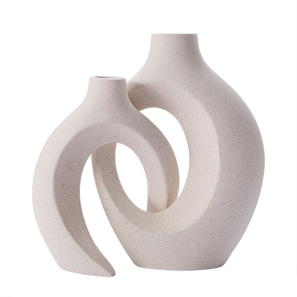 Hollow Ceramic Vase Set of 2, Snuggle Round Boho Donut Modern Nordic Decorative Vase for Trendy Home Table Centerpiece Decor