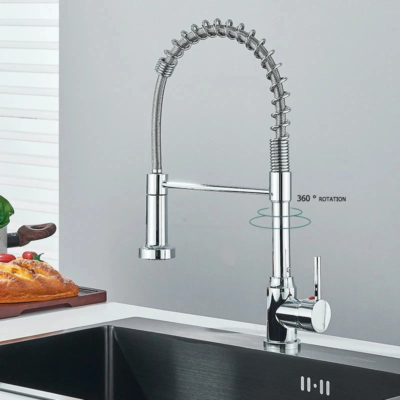 Spring Pull Down Kitchen Faucets Stream Spray Head Hot Cold Water Tap Stainless steel Rotation Kitchen Mixer Tap Crane