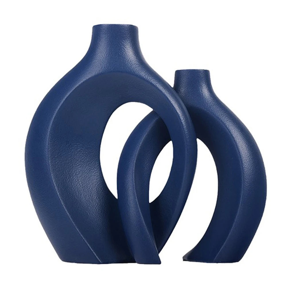 Hollow Ceramic Vase Set of 2, Snuggle Round Boho Donut Modern Nordic Decorative Vase for Trendy Home Table Centerpiece Decor