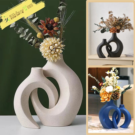 Hollow Ceramic Vase Set of 2, Snuggle Round Boho Donut Modern Nordic Decorative Vase for Trendy Home Table Centerpiece Decor