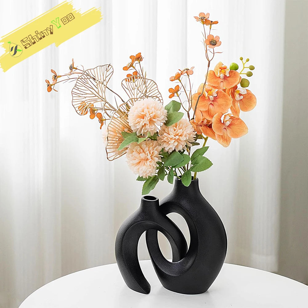 Hollow Ceramic Vase Set of 2, Snuggle Round Boho Donut Modern Nordic Decorative Vase for Trendy Home Table Centerpiece Decor
