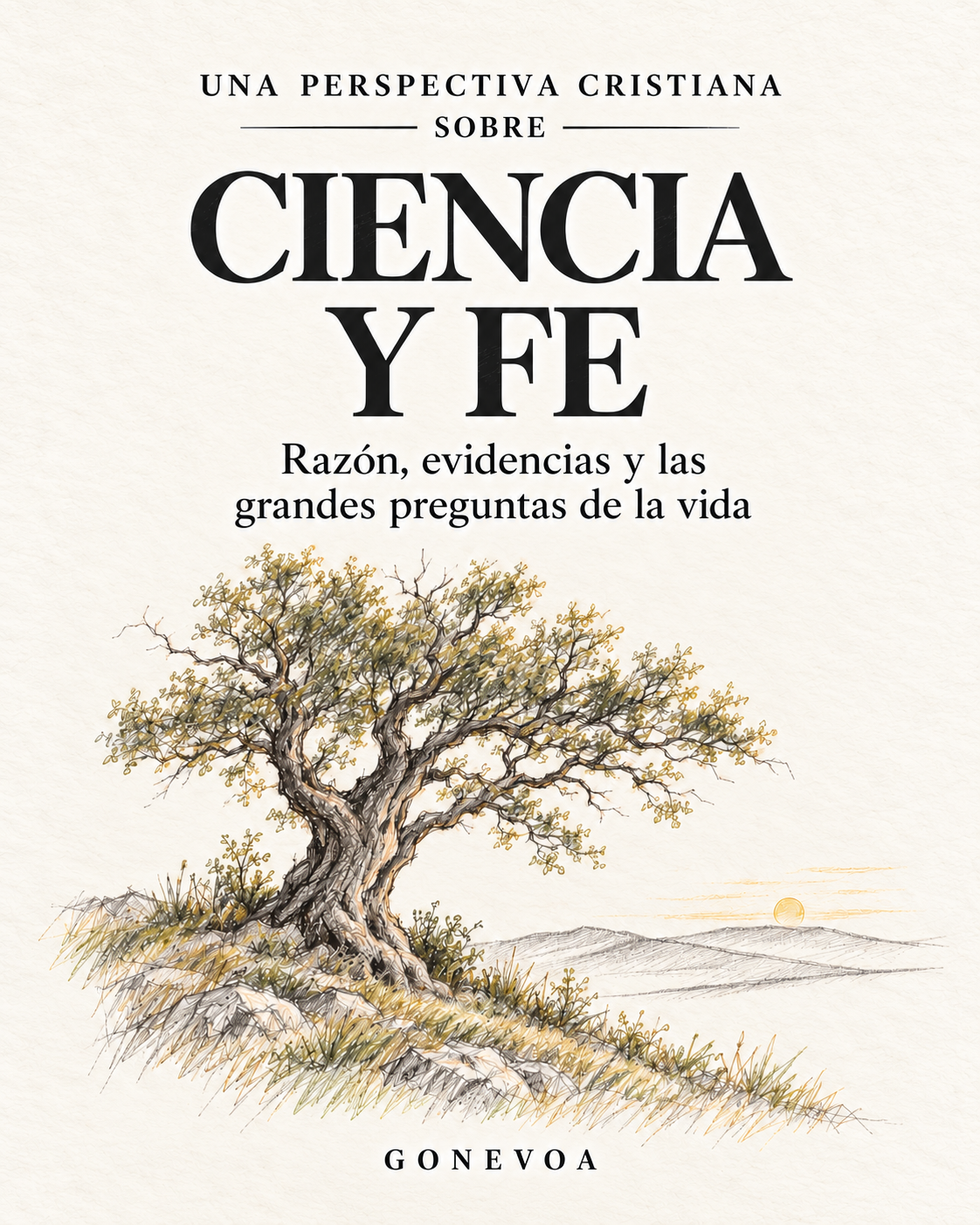 Cubierta de Una perspectiva cristiana sobre ciencia y fe, con un roble dibujado a lápiz sobre papel crema.