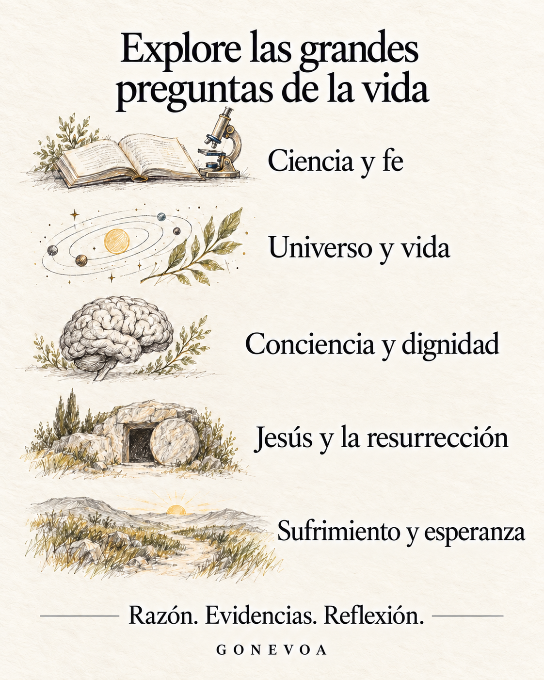 Temas del libro: ciencia y fe, universo y vida, conciencia y dignidad, Jesús y la resurrección, sufrimiento y esperanza.