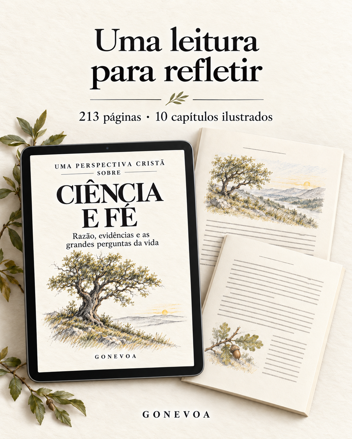 Apresentação do livro em português: 213 páginas e dez capítulos ilustrados, com tablet e representações das páginas.
