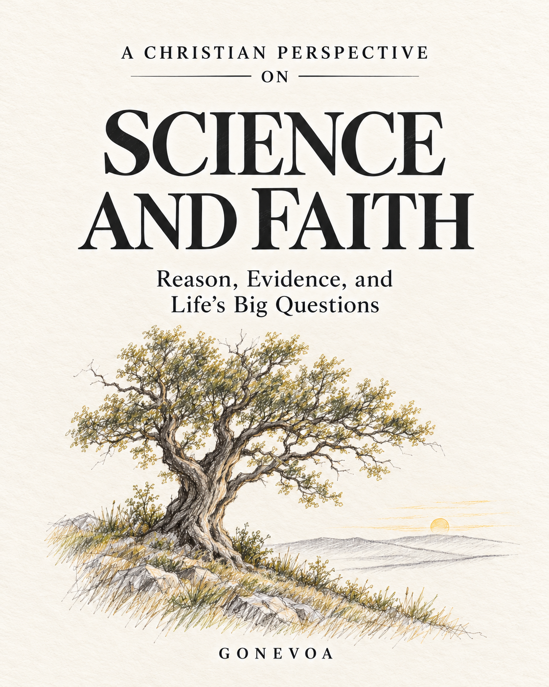 English cover of A Christian Perspective on Science and Faith, with an oak tree drawn in pencil on cream paper.