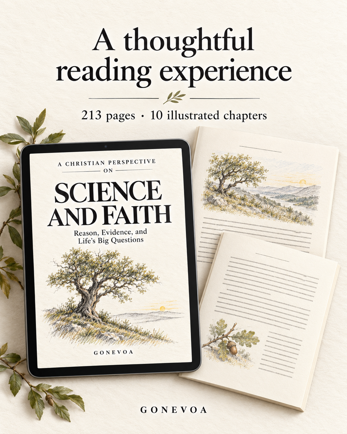 English edition presentation: 213 pages and ten illustrated chapters, shown with a tablet and illustrative page mockups.