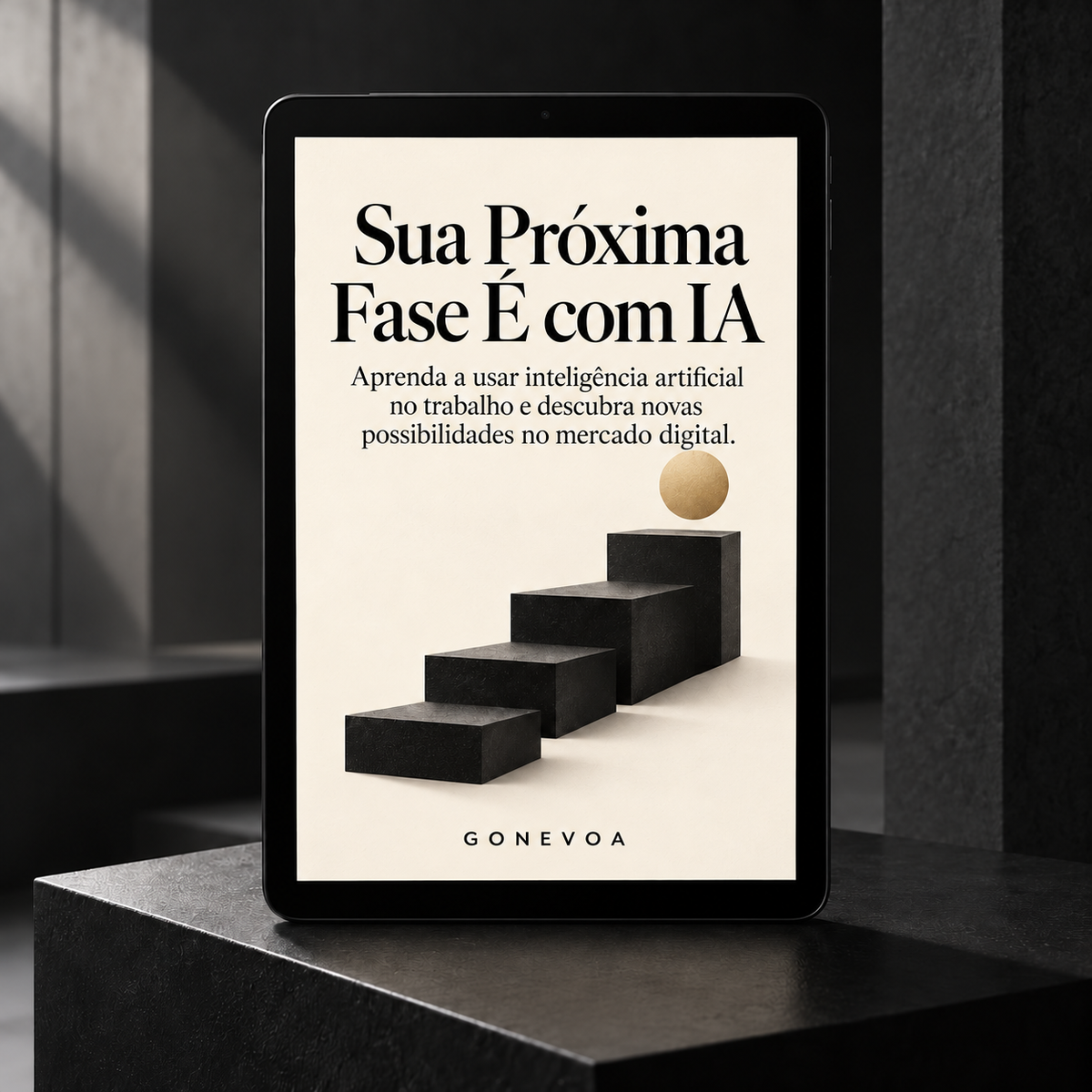 Sua Próxima Fase É com IA — capa creme com escada e esfera dourada
