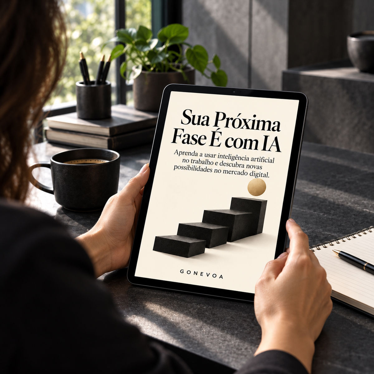 Sua Próxima Fase É com IA — capa creme com escada e esfera dourada